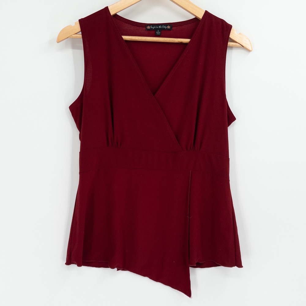 Vintage Y2K Babydoll Top Womens L Suzie in the City Burgundy Wrap V-Neck Fitted